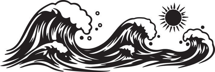Stylized silhouette Ocean Waves Illustration with Sun for Coastal Themes © Mend