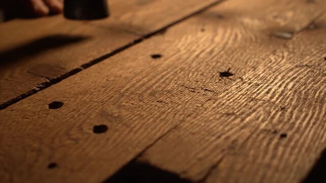 Close up of old wooden planks with visible grain and nail holes.