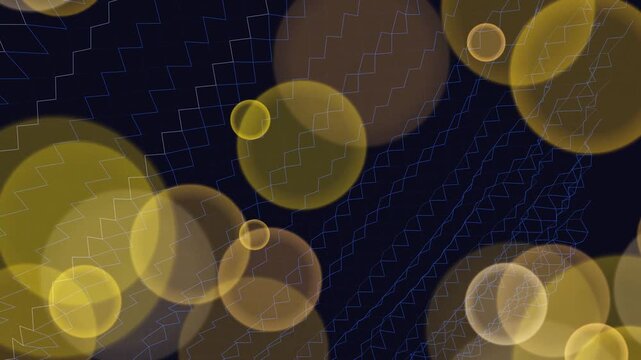 Yellow circles of varying sizes and opacity float against a dark blue grid background from a top-down viewpoint