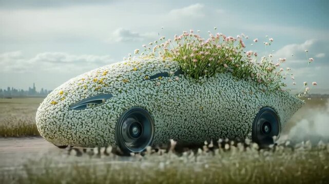 Unique seed pod car design featuring vibrant flowers during a sunny day in a lush landscape