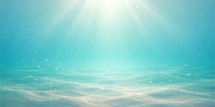 An underwater scene captures sun rays piercing the beautiful blue ocean water as light reflects through waves against a bright summer horizon