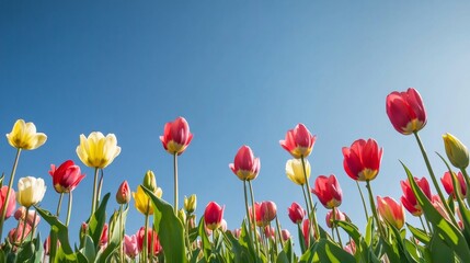 Fototapeta premium Bright tulip garden under the clear sky with plenty of space above for text or design elements