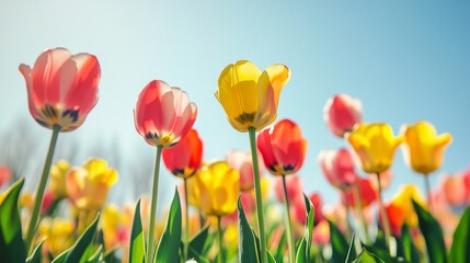 Fototapeta premium Colorful tulips in garden under clear sky with no clouds and bright sunlight
