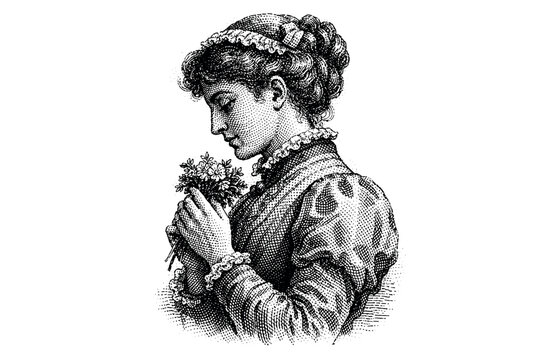 argins on the edA single Victorian-era woman in profile gently holding a small bouquet close to her chest,