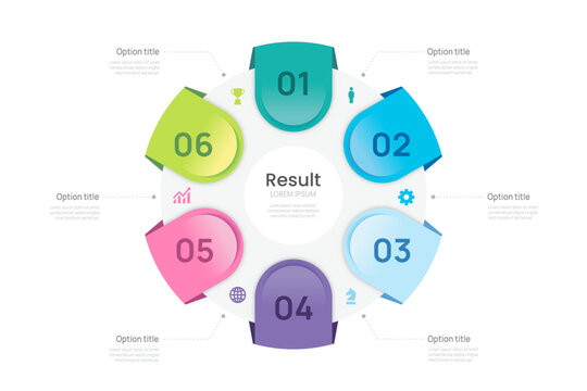 Venn diagram infographic chart template for business 6 color parts options with icons, presentation vector illustration.