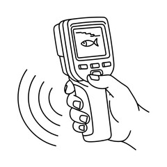 Hand holding a fish finder device with a screen displaying a fish icon and signal waves © Shahin67