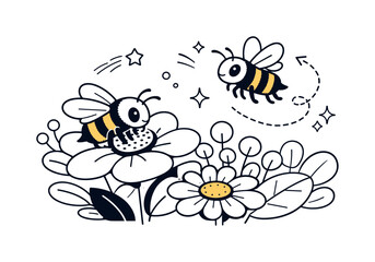 Spring Garden Pollination. A close-up scene of bees landing gently on colorful blossoms, one bee lifting off