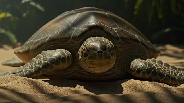 Close up of a sea turtle resting on sandy beach with lush green foliage in background.