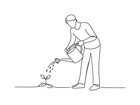"Planting with Watering Can". Minimalistic one-line drawing person holding watering can pouring water over