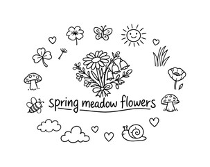 Obraz premium spring meadow flowers. Hand-drawn doodle illustration of spring meadow flowers. In the middle, one slightly