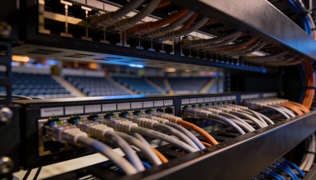 Focused medium shot of shared colocation racks filled with organized fiber optic cables in an indoor stadium facility dimly lit with outoffocus stadium seats behind.