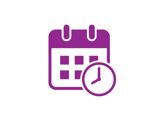 A simple icon of a calendar and clock on a white background
