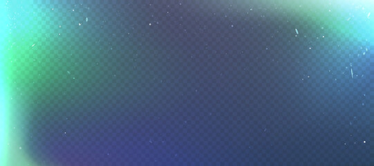 Naklejka na ściany i meble Film lens effect on black transparent background and teal blue colors. Camera leak filter and light overlay effect with grain for mobile photo, green lens flare bokeh png bg, gritty noise texture.