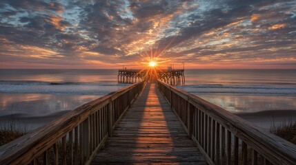 Fototapeta premium Serene Sunset Over Ocean Pier with Vibrant Sky and Calm Waters Captured in Golden Hour Light