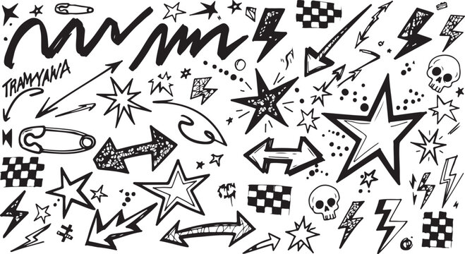 A versatile set of black ink-style "street culture" illustrations featuring skulls, lightning bolts, stars, and safety pins, isolated on a clean white background for easy layering.