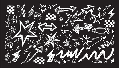 A high-energy collection of white hand-drawn 