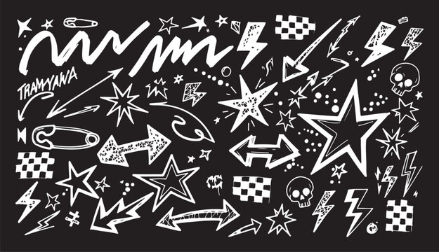 A high-energy collection of white "street style" hand-drawn elements including lightning bolts, stars, safety pins, skulls, and arrows over a solid black chalkboard-style background.
