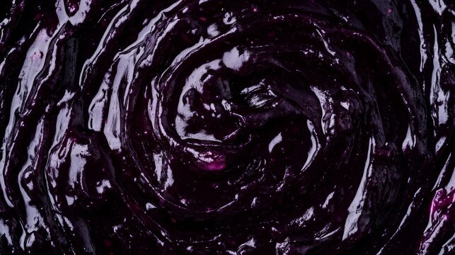 Swirl of dark purple blueberry jam captures rich texture in macro view during daytime