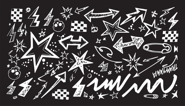 A high-energy collection of white hand-drawn "street style" elements including lightning bolts, stars, safety pins, skulls, and arrows over a solid black background.