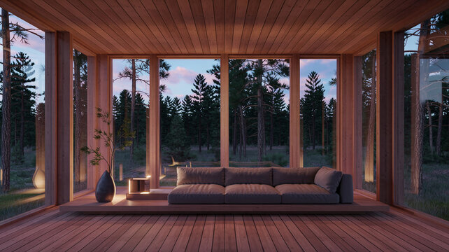 Modernes Baumhaus-Zimmer aus Zedernholz mit Waldblick