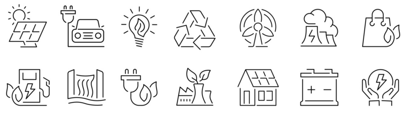 Green Energy icon set. Sustainability. Eco friendly green energy icons. Solar Panel, Wind Turbine, Recycling, Electric Car, Power plug, Eco factory, Eco shopping, Hydro power. Editable stroke. Vector 