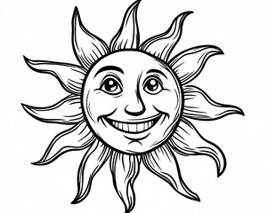 Fototapeta premium Happy Cartoon Sun Character Illustration with Smiling Face in Black and White for Various Designs
