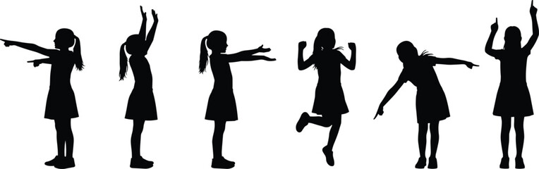 Comprehensive Little Girl Silhouette Set Featuring Vector Symbols of Child Pointing Celebrating Jumping and Diverse Expressive Action Gestures