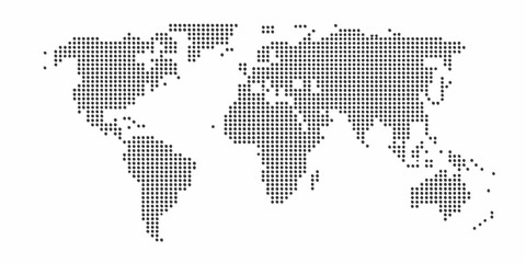 Dot matrix world map illustration depicting global geography and continents © Bithi