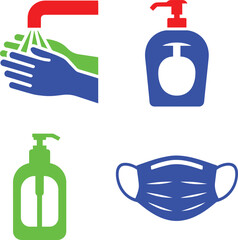 Obraz premium Hygiene safety icons with hand washing and face mask protection in blue red green colors