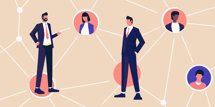 Business professionals connected by a network of lines and circular portraits