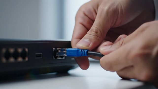 Connecting an Ethernet cable into a network device port for data transfer and internet access