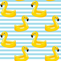 Obraz premium Seamless pattern, yellow flamingo float, shaped inflatable rubber ring, summer vacation, swimming pool, sea, beach, designs for children graphics
