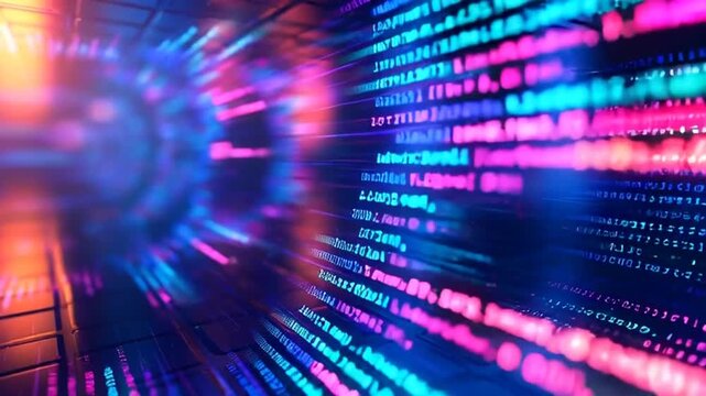 Vibrant colorful code flows rapidly across a dark digital screen in a futuristic tech environment.
