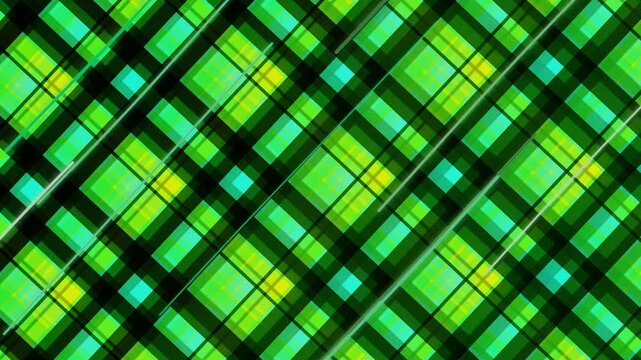 A vibrant green plaid pattern with yellow and blue accents, viewed from directly above, showcasing a graphic design