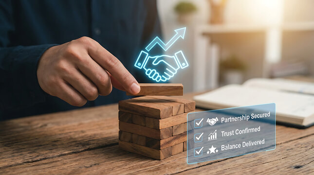 Business partnership handshake icon on stacked wooden blocks with checklist on desk in office