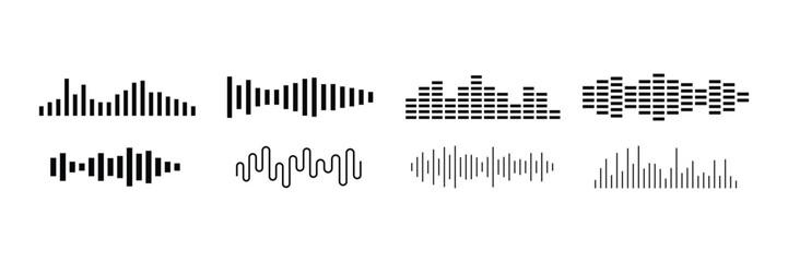 Obraz premium Digital Audio Waveforms and Music Equalizer Icons Representing Sound Frequency, Podcast Signal, Voice Recognition, and Studio Recording Visualization