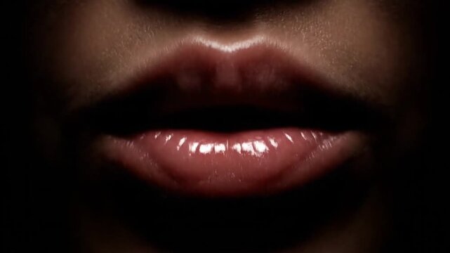 Close-up shots of lips with shiny lipstick, animated in a cascading pattern, showing varied expressions from closed-mouth to open, underlying dark background and glossy finish.