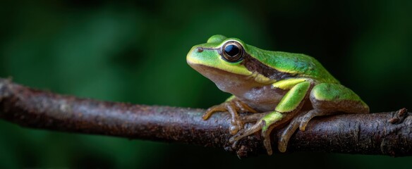 Fototapeta premium Frog clutching a thin wooden branch in a lively green backdrop.