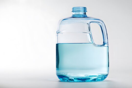 Clear plastic gallon jug filled with water, studio-lit against white background.