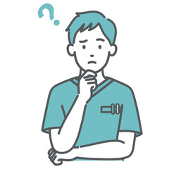Obraz premium 悩む・考えるスクラブ姿の男性医療従事者のイラスト（上半身）