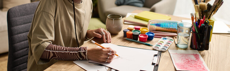 Creative moments of a young woman enjoying art in her modern apartment space