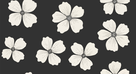 White flower seamless pattern on black background