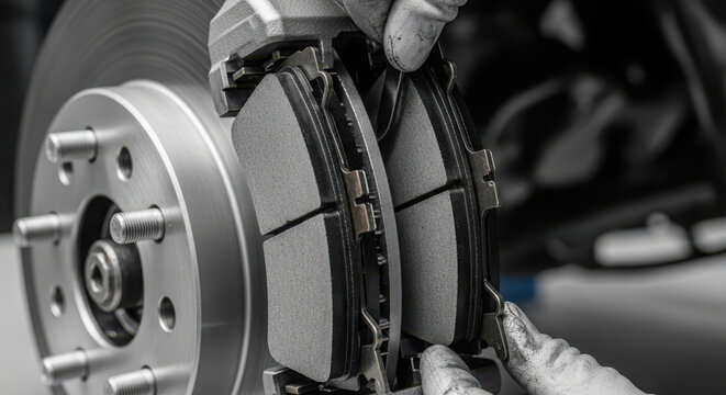 Professional Mechanic Holding New Brake Pads for Installation on a Car Disc Brake System, Essential Automotive Maintenance