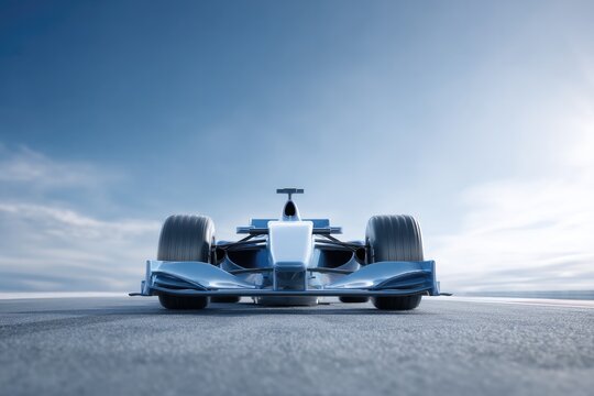 Sleek racing car showcased against dramatic sky, emphasizing spe