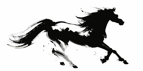 Dynamic black ink wash painting of a galloping horse in motion © Bithi