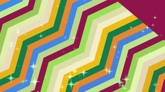 Vibrant multicolored chevron patterns with sparkling stars on a maroon background viewed from a diagonal perspective
