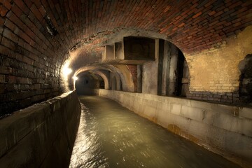 Fototapeta premium A glowing underground maze, brick veins coursing with bright water like city‚Äôs secret heartbeat.