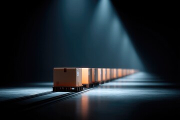 Brightly lit cargo containers align in dark warehouse, showcasin