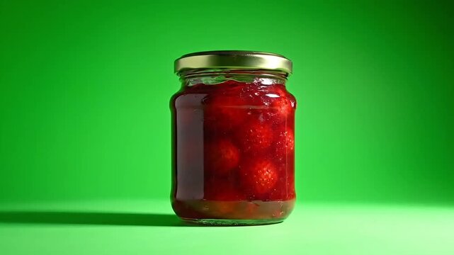 Glass jar filled with delicious homemade strawberry jam on a vibrant green background.