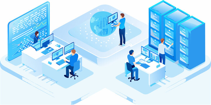 Isometric illustration of a modern data center with people working